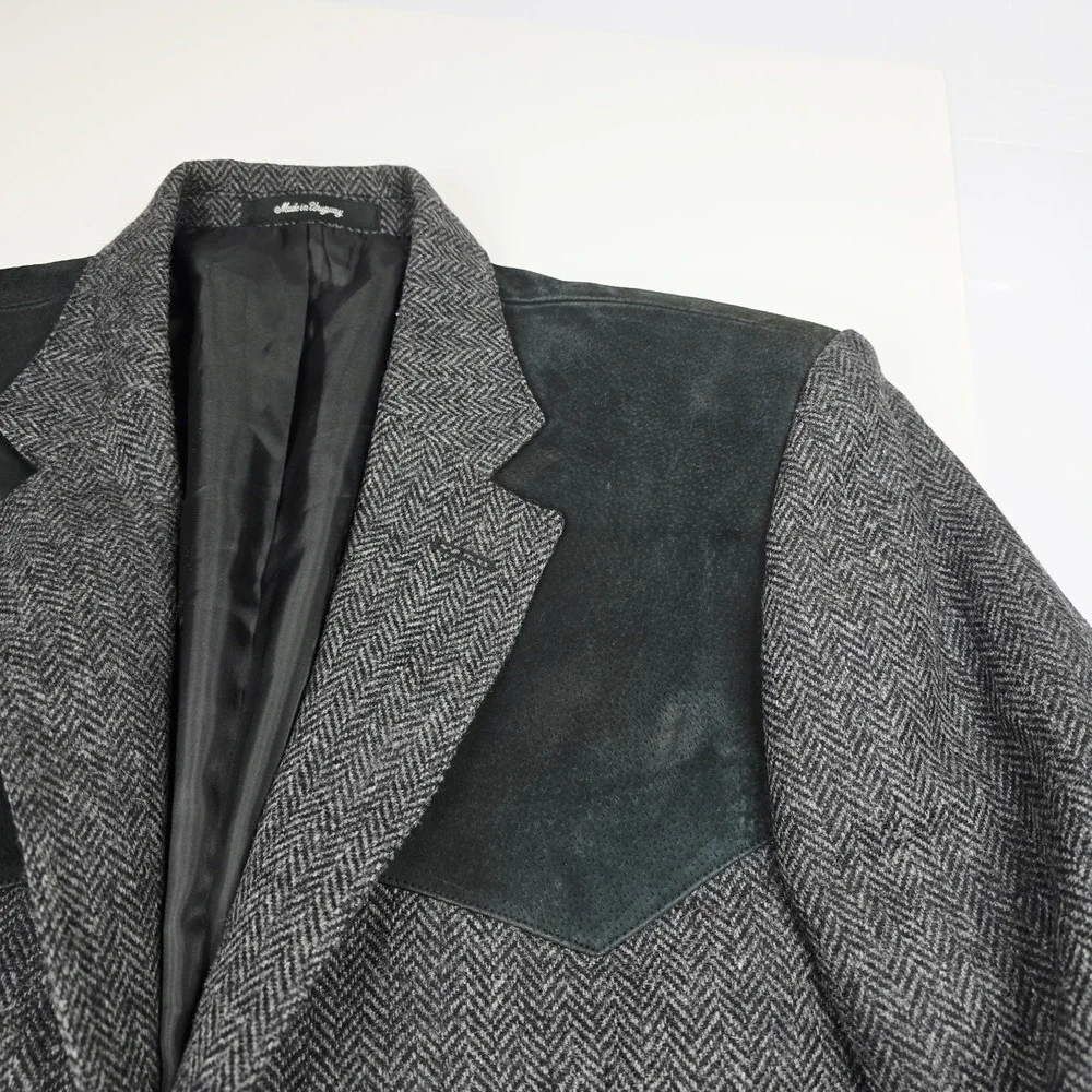 Bar WS Blazer Mens 43 Wool Gray Herringbone Suede Elbow Patch‎ Western Uruguay